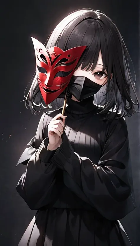 A faceless girl with a mask in her hand and a dark background