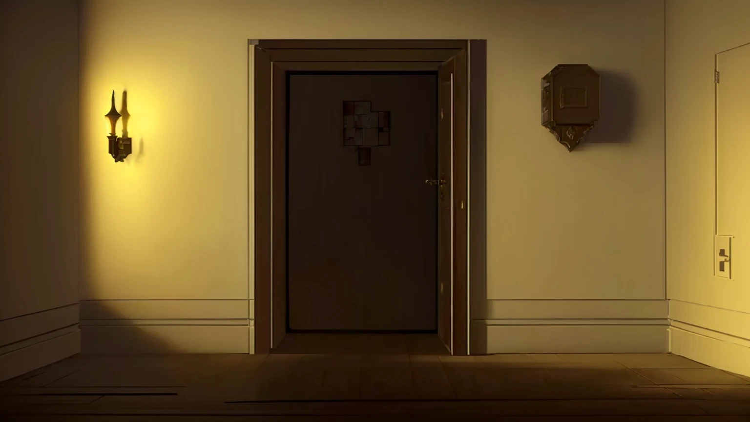 there is a door in a room with a light on, long dark hallway, detailed lighting and textures, volumetric lighting y perfecta, rendered lighting, dark hallway, dramatic lighting. conceptual art, volumetric lighting : :, 8 thousand. volumetric lighting. Dark...