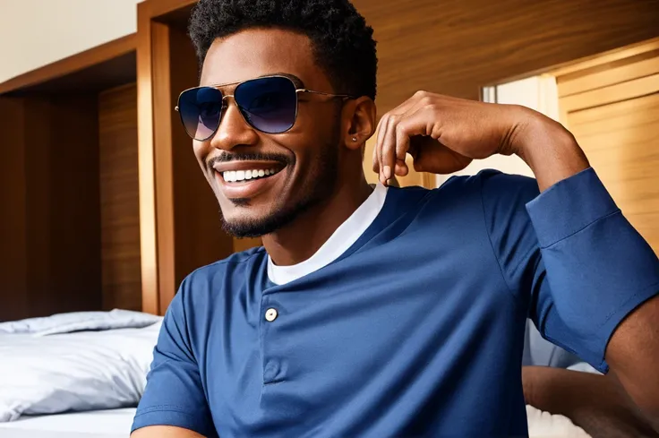 Cool guy　smile　Achievers　navy shirt　Luxury　Suite Room　sunglasses　Stylish　King　　One person　high resolution　high quality