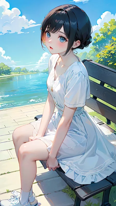 finely detailed illustration, best quality, masterpiece, vibrant color,13 years old、pretty girl、(((Sitting on a bench looking up at the sky:1.37、Girl sitting on the floor looking up at the sky:1.2、Look at the sky:1.37)))、One beautiful girl、Extremely delica...