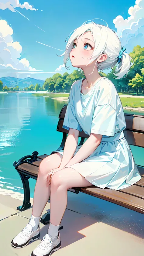 finely detailed illustration, best quality, masterpiece, vibrant color,13 years old、pretty girl、(((Sitting on a bench looking up at the sky:1.37、Girl sitting on the floor looking up at the sky:1.2、Look at the sky:1.37)))、One beautiful girl、Extremely delica...