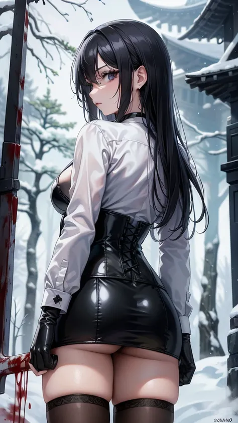 ((blood droplets)), ((blood)), ((blood splatter)), ((blood on clothes)), ((blood stain)), Masterpiece, Beautiful art, professional artist, 8k, art style by sciamano240, Very detailed face, Detailed clothing, detailed fabric, 1 girl, view from behind, perfe...