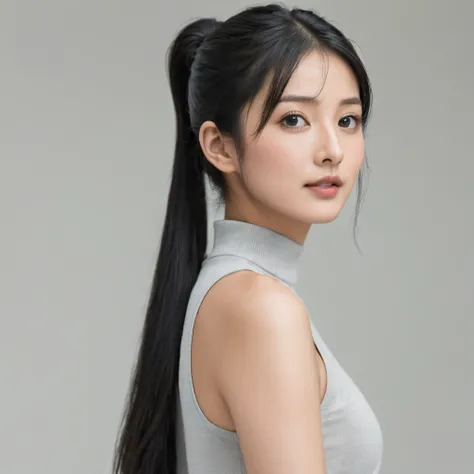 a woman, has a flat nose, shining eyes, thick black hair tied in a ponytail, tall body, no clothes