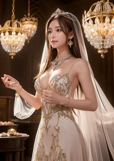 Flat Chest、(Slim body）、((Slim body))、Long Hair,masterpiece,diamond、big diamond necklace、Earrings,background of fantasy,(((Brown Hair)))、美しいきらめくcrystal玉, mystical 、Magic Ball、crystal、Fortune telling、Magical fantasy enchanted ethereal, Cinematic shots, Movie...