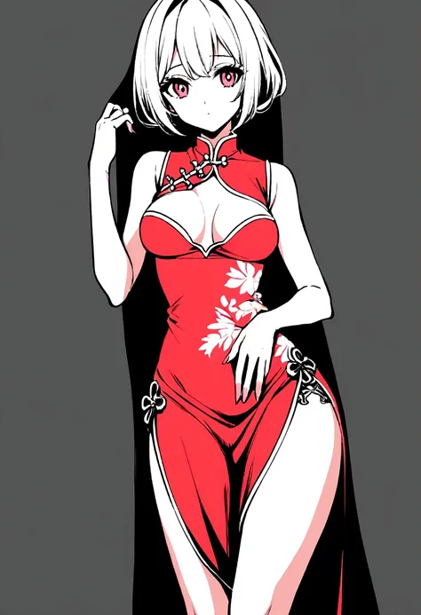 anime girl, chinese dress, showing a glimpse of her thigh and breast, unique color