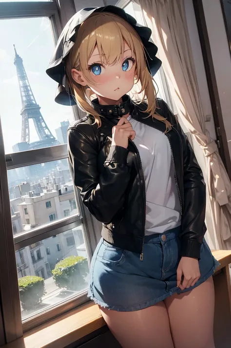 1 female, shy, french girl, young kid, bonnet, cute, Leather jacket, hourglass figure, thick thighs, full body pic, blond, blue pupils, pout, best quality, eiffel tower on the window, cute, green french clothes, in an apartment.
