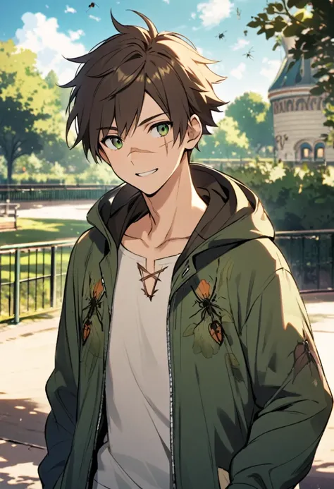 young male, brown spiked short hair, dark green open hoodie, (bug theme), park background, friendly, scar on face