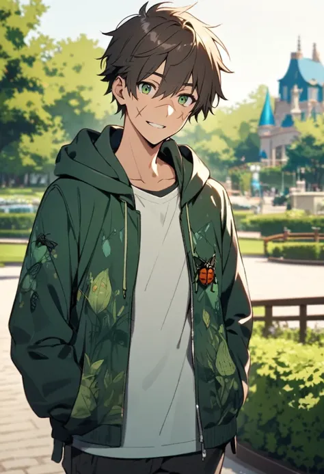 young male, brown spiked short hair, dark green open hoodie, (bug theme), park background, friendly, scar on face