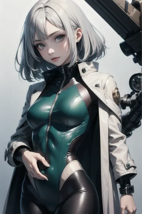 Bobcut, cabelos greens, coat, throw, steampunk, col: white/green, Face retouching, Labrador, Robot Suit, Chrome Skin, be familiar with, Anime Cosplay, Enhanced Cyber, Skin Color – Silver, Slim Bodysuit