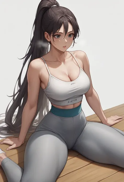 score_9,score_8_superior,score_7_superior,One girl,一人in,White Background,Play sports often, Spaghetti Straps,chestの谷間,big_chest,Looking_in_Audience,Long Hair, High Ponytail, Grey Pants,Yoga pants,His pants,high waist,Side slits,Thick thighs,Slab sitting,Dr...