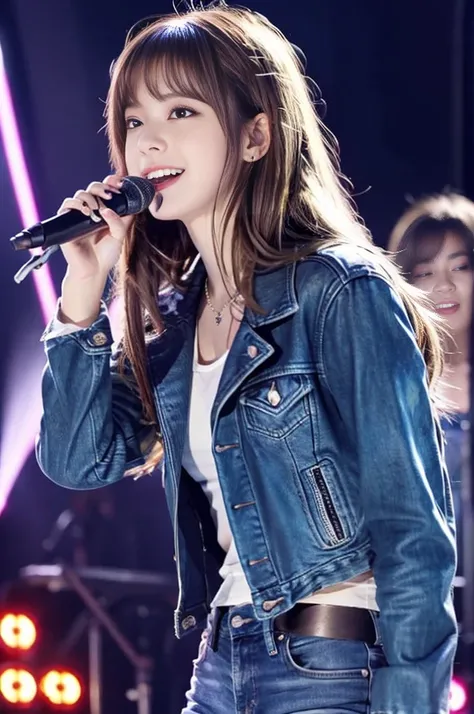 18 year old beautiful girl、Highest image quality、realistic、16K、beautiful woman、long hair、With bangs、slim、On the idle stage、Sing with the microphone in your right hand、rock idol costume、put on a leather jacket、In the spotlight、whole body、long legs