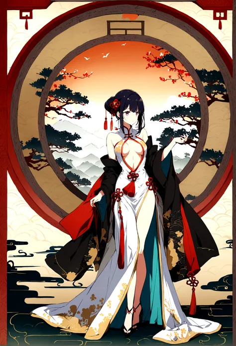 Anime girl, long dress, revealing, chinese theme