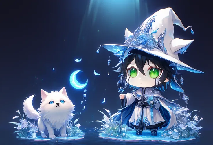 absurdres, highres, ultra detailed, hdr, master piece, ulquiorra cifer chibi, black hair, expressive green eyes, boy hugging a w...