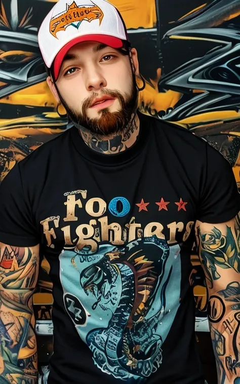 young man with orange hair, tattooed and with a beard wearing glasses and a cap