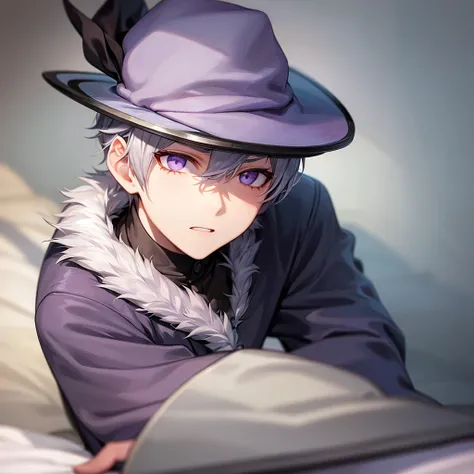 Boy with gray hair, purple eyes and cap 