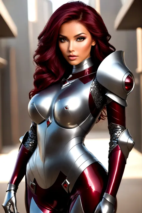 Create an image of the most stunningly gorgeous beautiful perfect sexy female blizzaga, Stunningly gorgeous beautiful perfect sexy face, perfect makeup, perfect stylized hair, hour glass body figure, perfect round ass, (((((futuristic gray maroon lacquered...