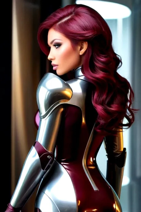 Create an image of the most stunningly gorgeous beautiful perfect sexy female blizzaga, Stunningly gorgeous beautiful perfect sexy face, perfect makeup, perfect stylized hair, hour glass body figure, perfect round ass, (((((futuristic gray maroon lacquered...