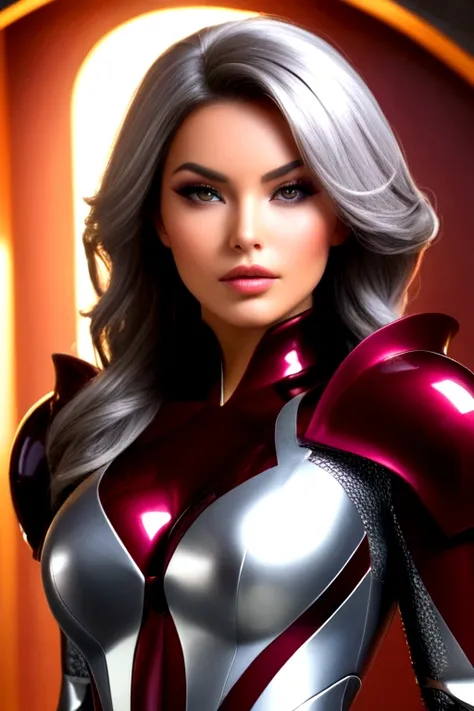 Create an image of the most stunningly gorgeous beautiful perfect sexy female blizzaga, Stunningly gorgeous beautiful perfect sexy face, perfect makeup, perfect stylized hair, hour glass body figure, perfect round ass, (((((futuristic gray maroon lacquered...