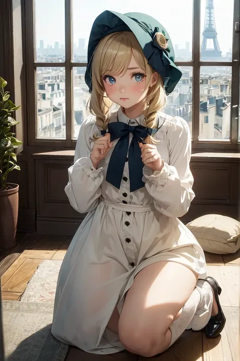 1 female, shy, french girl, young kid, bonnet, cute, hourglass figure, full body pic, blond, blue pupils, pout, best quality, eiffel tower on the window, cute, green french clothes, in an apartment.
