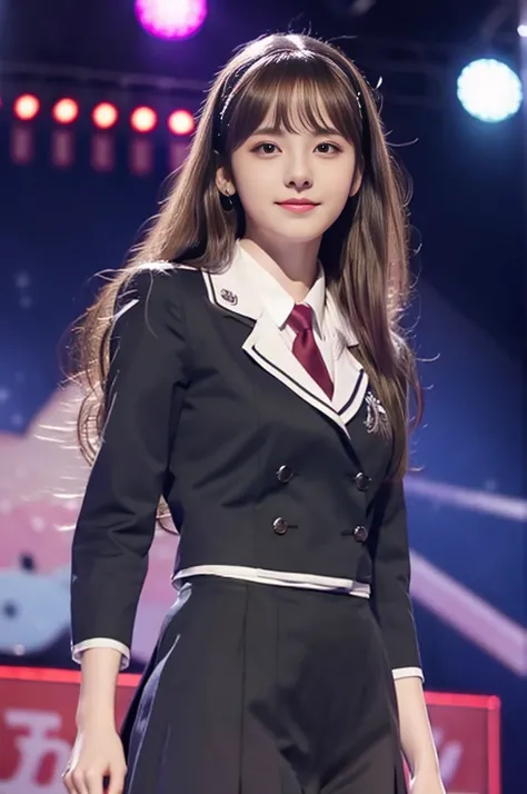 18 year old beautiful girl、Highest image quality、realistic、16K、beautiful woman、long hair、With bangs、slim、On the idle stage、Sing with the microphone in your right hand、Uniform style idol costume、In the spotlight、whole body