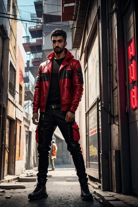 Turkish man, Ethnically Turkish, proustite, cyberpunk, street worker, safe for work picture, wearing suggestive clothing, cyberpunk background, wearing bright red clothing