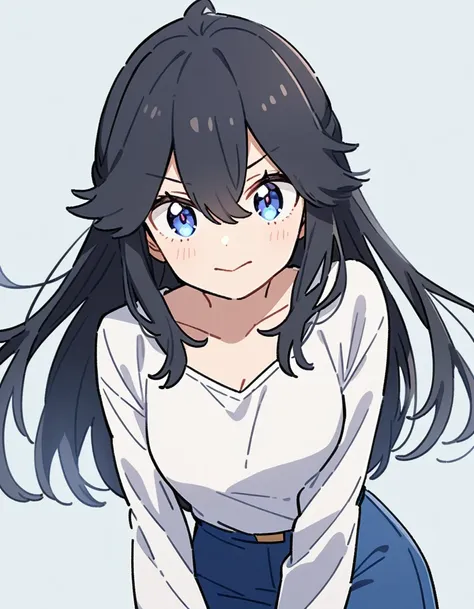 girl from the anime Boku No Hero, long black waist-length hair, light blue eyes, simple white long-sleeved T-shirt with V-neckline, blue shorts.