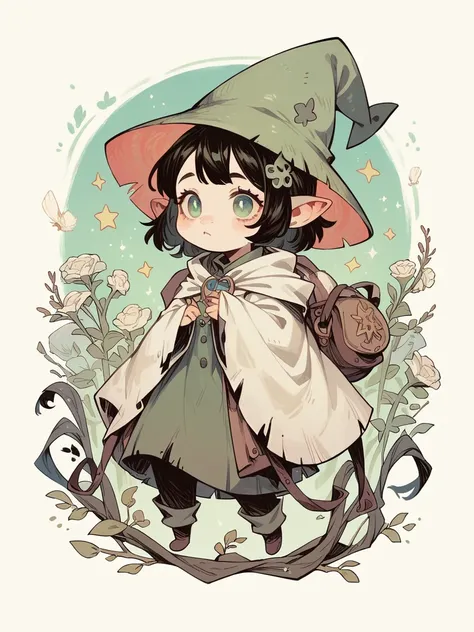 gnome girl with long pointed green hat, with black straight hair and a white cloak, She looks straight ahead, raising both her hands towards the observer as if she were going to cast a spell or magic.