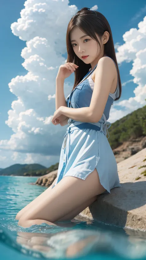 1girl,blue sky and white clouds,water,leg,