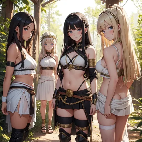 young greek warriors girls in togas , only girls , forest in the background ,four girls, sandals , close to the viewer,, sexy , multiple girls ,exposed belly, curves , black hair , blonde hair , red hair , white hair , light armor , knee pads, elbow pads,