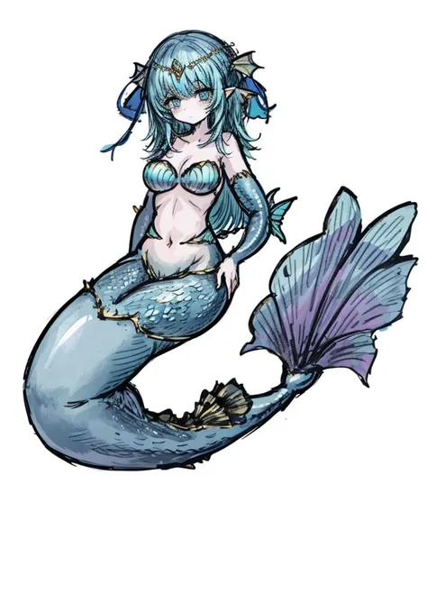 1girl ,baby blue,mermaid, full of gills, (mermaid tail), mermaid scales, mermaid ears, mermaid accessories , (masterpiece, best quality), full body,  alone, huge breasts, happy