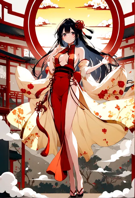 Anime girl, long dress, revealing, chinese theme