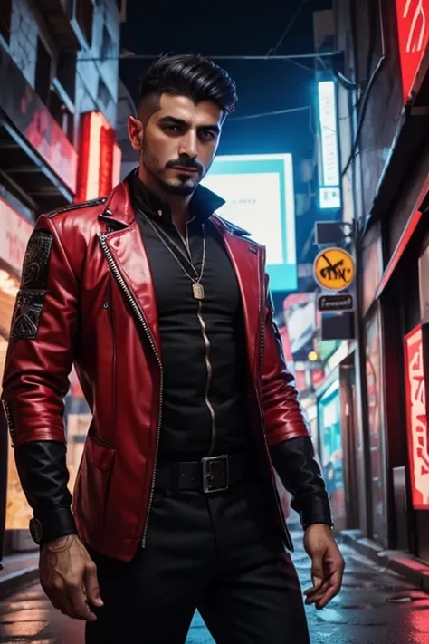 Turkish man, Ethnically Turkish, proustite, cyberpunk, street worker, safe for work picture, wearing seductive clothing, cyberpunk background, wearing bright red clothing