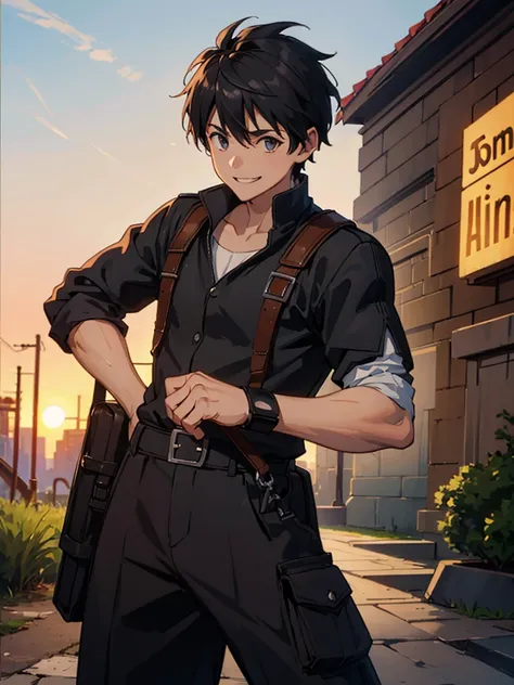 Boy, adventurer clothes, black hair, kind eyes, smiling, clenching fists, teenager