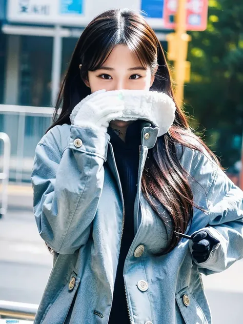 (A super cute Korean schoolgirl wearing a high-end down jacket in the style of a  shyly covers her face:1.2)(Embarrassed look,I grin in embarrassment.:1.1)(Beautiful Sweat:1.1)(16K, RAW Photos, Highest quality, masterpiece: 1.2),(Shiny and beautiful black ...