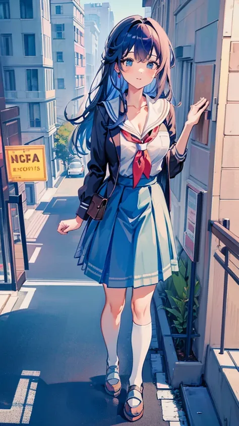 Knot　Unreal Engine　Anime Style　Delicate painting　4K　90s　giant　Multiple Girls　crowd　School building 　City　　School buildingの谷間に立っている巨大な女子高生　school uniform　Sailor suit　skirt　Black Hair　　smile　female giant giant girl Whole body 　 skyscrapers cars Crowd Unreal ...