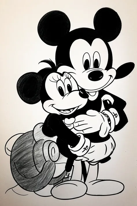 Create a drawing of the Disney character Donald hugging the Disney character Mickey