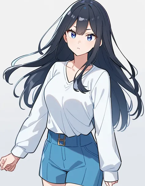 adult girl from the anime Boku No Hero, long black waist-length hair, light blue eyes, simple white long-sleeved T-shirt with V-neckline, blue shorts.