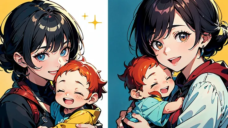 score_9,score_8_superior,(((Highest quality、Masterpiece、Official Art、The best dynamic composition、Super detailed)))、Single Mother、She is holding a baby boy and laughing happily.、Heartwarming、A gentle smile、A sparkling world、