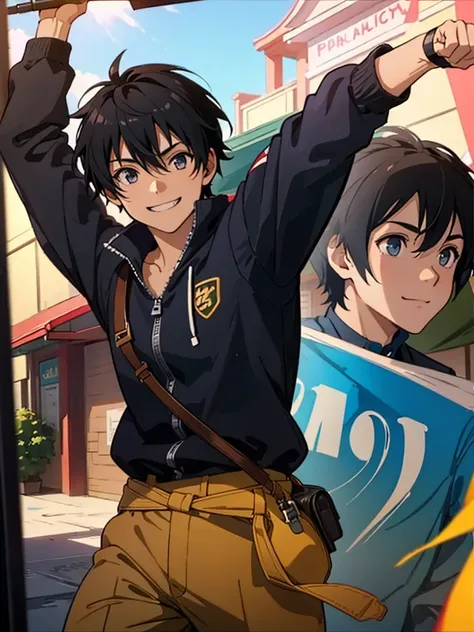 Boy, adventurer clothes, black hair, kind eyes, smiling, clenching fists, teenager