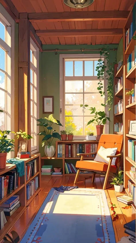 Create a cozy, sunlit reading nook within a library filled with wooden bookshelves reaching up to the ceiling, packed with colorful books and decorated with various potted plants. A comfortable armchair with a floral cushion sits beside a large window, thr...