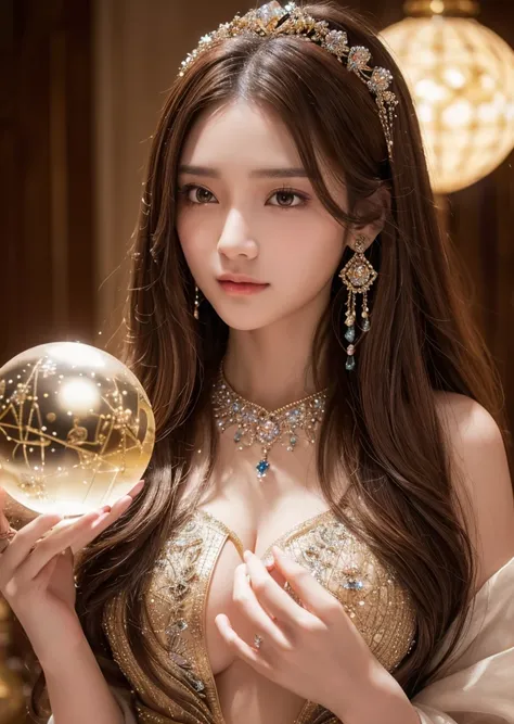 Eat pancakes,Flat Chest、(Slim body）、((Slim body))、Long Hair,Embarrassing,masterpiece,diamond、Earrings,background of fantasy,(((Brown Hair)))、Beautiful sparkling crystal ball, mystical Magical fantasy enchanted ethereal, Cinematic shots, Movie Scenes, amazi...