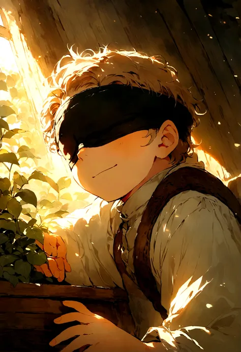 Little boy，blindfold, Meticulous painting style，Soft and fresh colors，Gentle lighting effects，Picturesque picture quality，Warm atmosphere