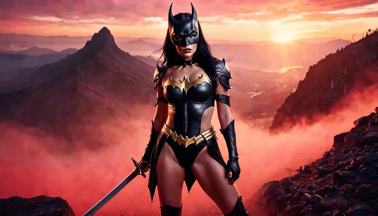 barbarian warrior woman, athletic cue, with batgirl mask, long black hair, legendary sword in hand, black mountains in the background, sunset, red fog, ethereal atmosphere, cinematic lighting, photorealistic, (best quality, 8k, high resolution, masterpiece...