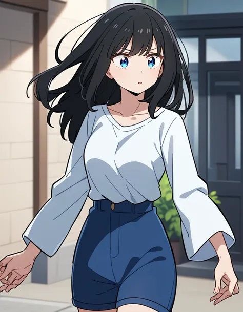 capture of adult girl from the anime Boku No Hero, long black waist-length hair, light blue eyes, simple white long-sleeved T-shirt with V-neckline, blue shorts  