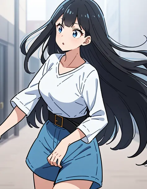 capture of adult girl from the anime Boku No Hero, long black waist-length hair, light blue eyes, simple white long-sleeved T-shirt with V-neckline, blue shorts  