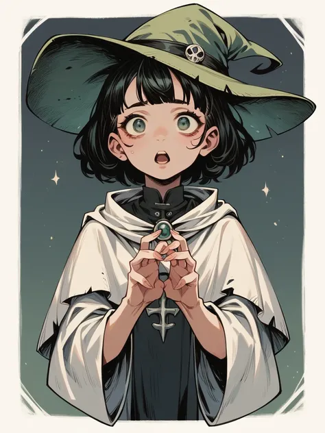 rebellious gnome woman with long pointed green hat, with short black hair and a white cloak, gothic, She looks straight ahead, raising both her hands towards the observer as if she were going to cast a spell or magic., frontal open arms open hands witch 