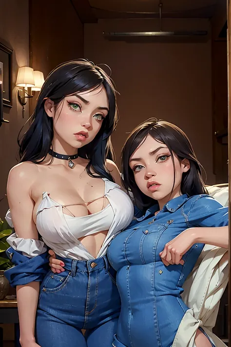 two beautiful sisters,  size difference, the oldest has green eyes, the youngest has large and voluptuous breasts, sexy poses, living room background of a house, seductive looks,  older sister is 165cm, younger sister is 155cm, home clothing style, Casual ...