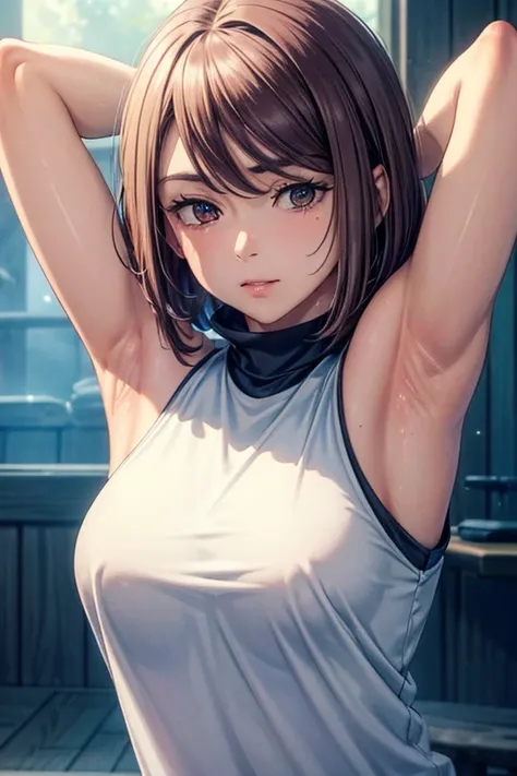 8k high resolution,detailded face,detailed bpdy,perfect body,ultra high quality,1 girl,sleeveless shirt,arms up,armpit, sweating