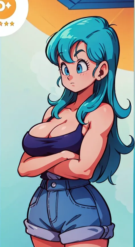 cool posee,big breasted, voluptuous,Score12, BLUE CYAN HAIRS, BULMA,,LONG HAIR, cartoon