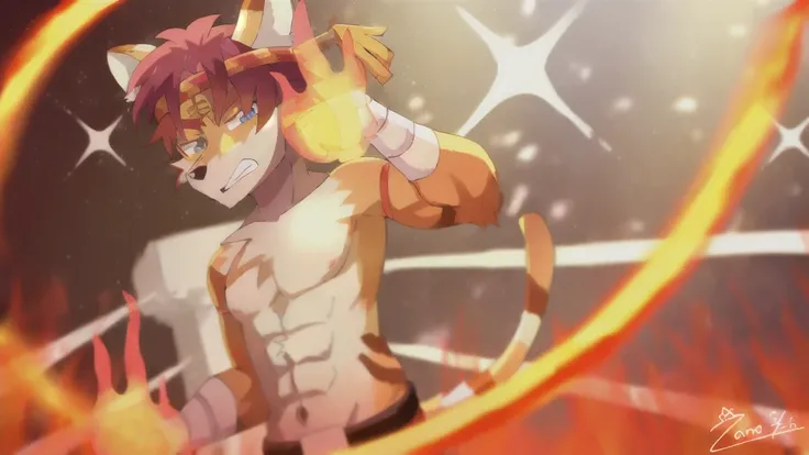 anime character with a cat head and tail in a ring of fire, fire!! whole body, 炽烈的地狱fire, fire behind him, Buizel and human integration, full resolution, SFW version, Badass Pose, commission for high resolution, firey, has fire powers, fire type, high reso...